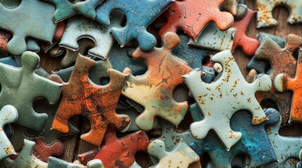 Close-up shot of a jumbled collection of puzzle pieces, showcasing a variety of vibrant colors and textures