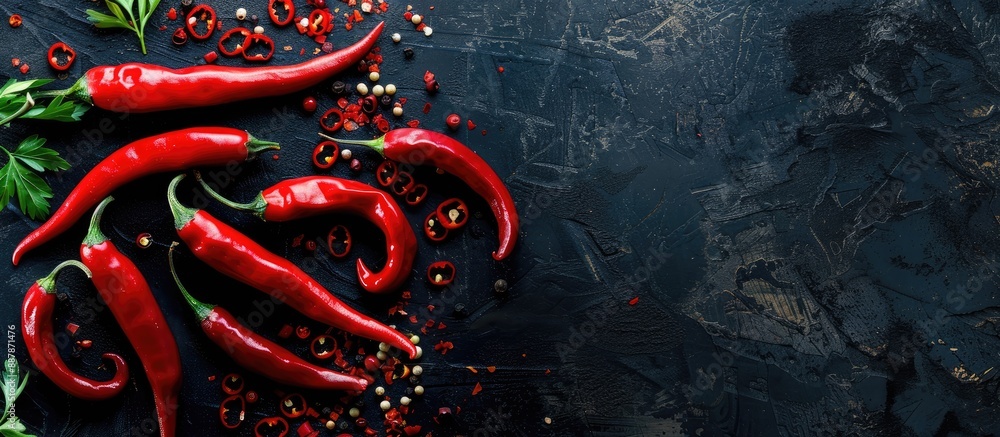 Aufkleber Top view of vibrant red chili peppers on a dark background with copy space image for a fresh paprika flat lay