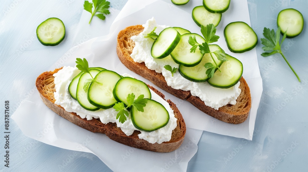 Poster two slices of bread with cucumbers and parsley on top. the bread is toasted and the cucumbers are cu
