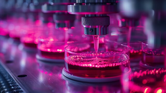 A close-up of a bioprinting machine dispensing biomaterial into petri dishes for drug testing and development.