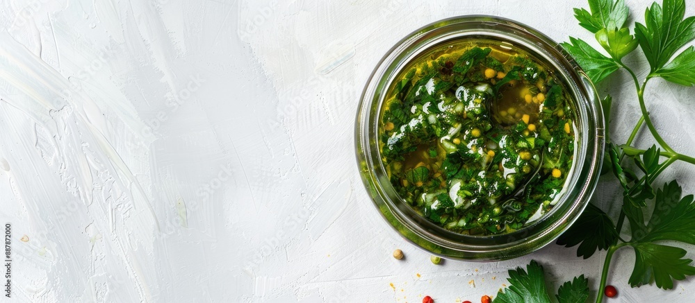 Poster Chimichurri green sauce with herbs and spices in a jar on a white background with space for text. with copy space image. Place for adding text or design