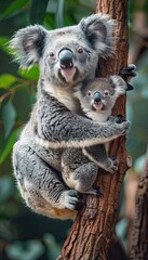 Obraz premium Mother Koala and baby smiling at the camera, green background, on eucalyptus tree,