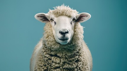 Portrait of Fluffy Sheep Against Teal Background