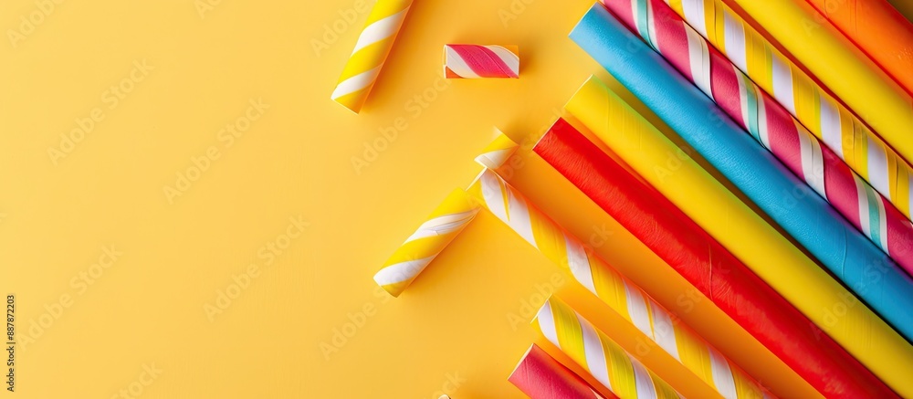 Poster Vibrant paper straws against a yellow backdrop with available space for adding text in the image. with copy space image. Place for adding text or design