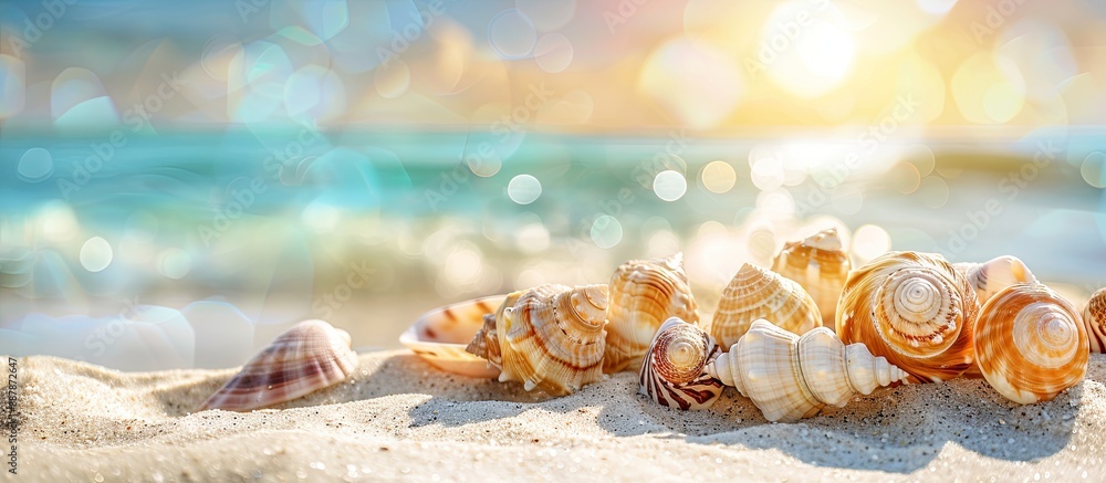 Aufkleber summer beach background displaying a collection of sea shells on sandy shore with blurred area for c