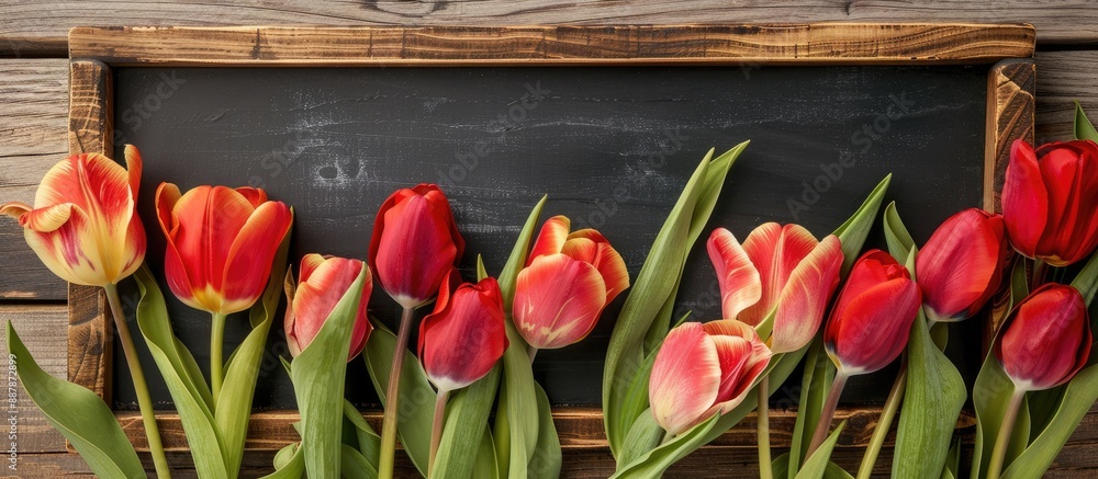 Aufkleber Top view of a stunning tulip arrangement on a wooden frame with a blackboard backdrop perfect for Mother s Day with a place for text or design in the image. with copy space image