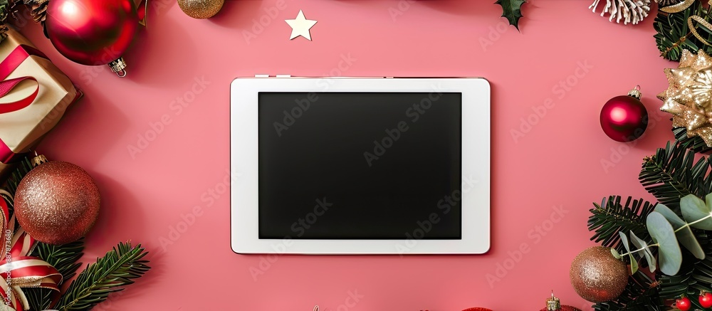 Poster Top down view of a festively decorated work desk with blank note paper on a tablet surrounded by Christmas and New Year ornaments set against a pink backdrop in a copy space image