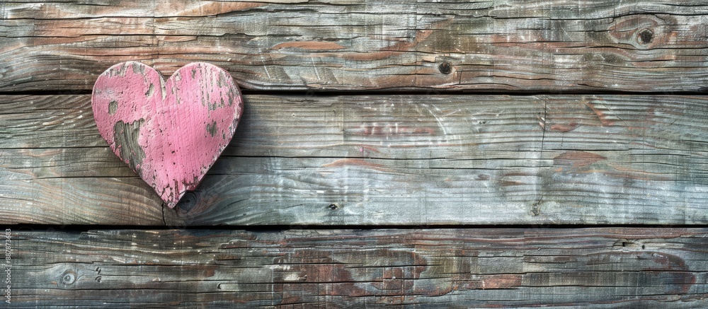 Poster heart shape in pink set against a rustic wooden background with copy space image