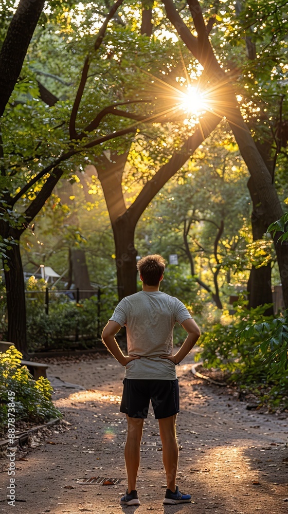 Poster man standing on a forest path with sunlight breaking through trees, nature concept