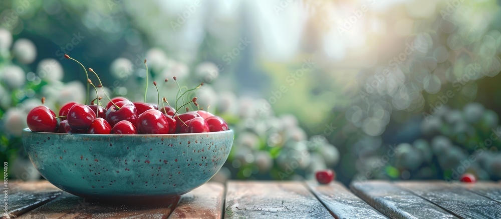 Fototapete close up copy space image of ripe cherries in a ceramic bowl on a wooden table with a garden backdro