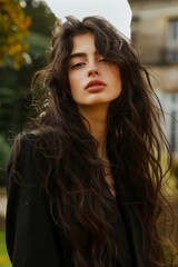 Naklejka premium Frontal portrait of a beautiful brunette girl with long wavy hair, with refined facial features,
