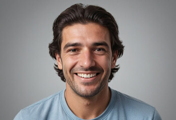Obraz premium Portrait view of a regular happy smiling Uruguay man, ultra realistic, candid, social media, avatar image, plain solid background