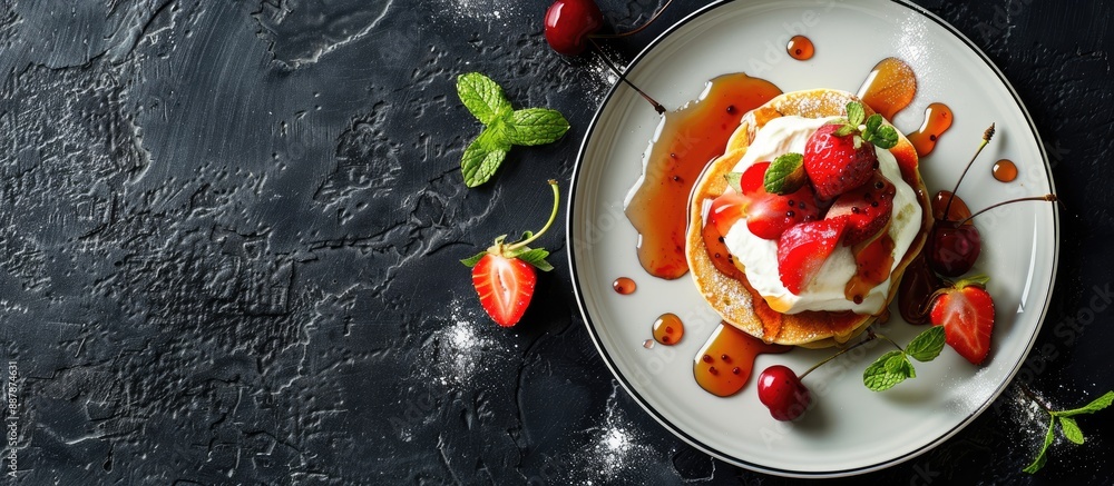 Poster plate with pancakes topped with strawberries cream mint honey and cherry on dark black background wi