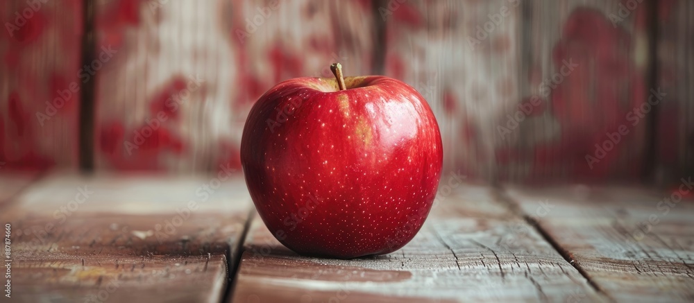 Fototapete a detailed focused image of a red apple with a blurred wooden background suitable for adding text or
