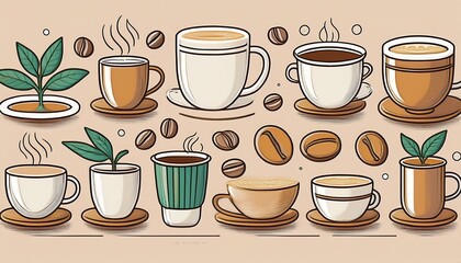 Obraz premium Clean, minimalist designs featuring simple line art or geometric shapes of coffee cups, beans, and accessories