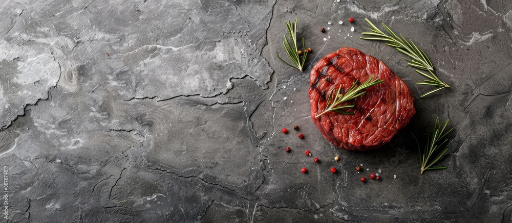Aufkleber Beef fillet prepared for sous vide showcased on a gray stone backdrop with room for text alongside the image. with copy space image. Place for adding text or design