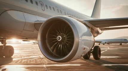 Close-up view of airplane jet engine on airport runway during sunrise, aviation industry concept