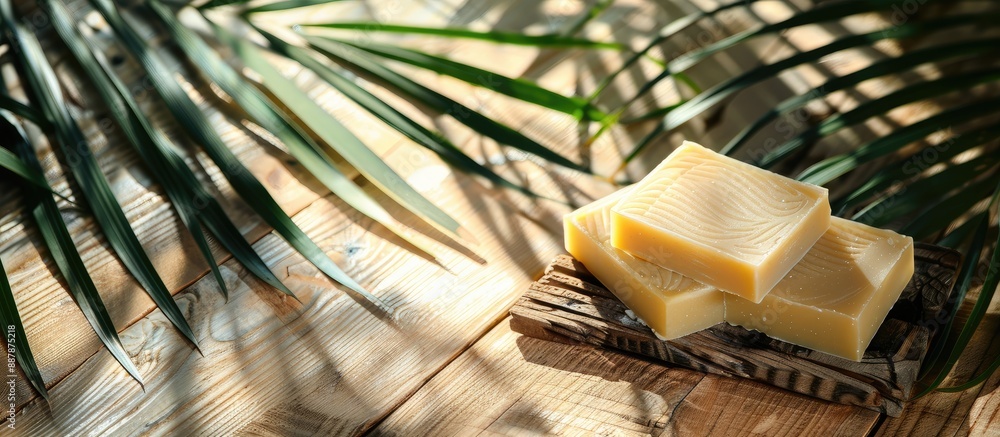 Poster Handmade soap bars on a rustic wooden surface with soft shadows cast by palm leaves creating a serene setting for featuring spa products with ample copy space image