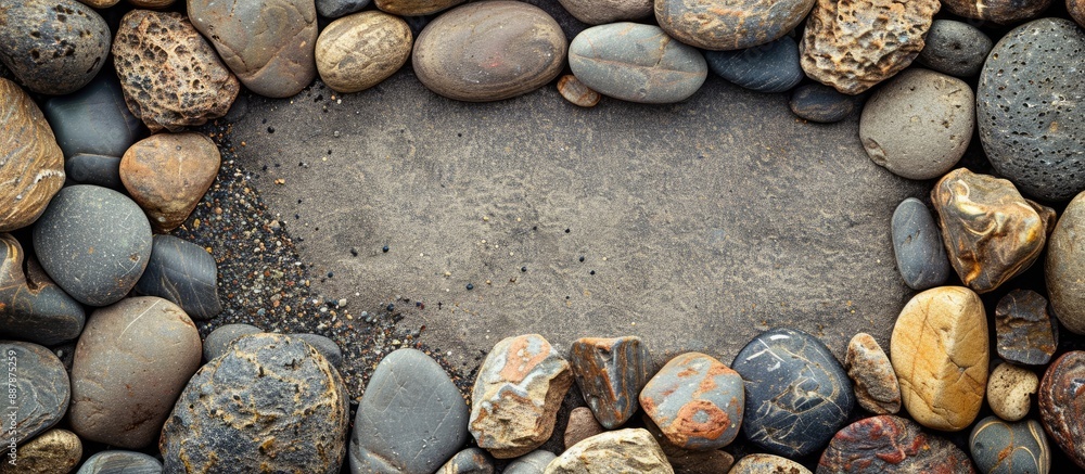 Poster River stones arranged for decoration with a background frame and surface providing a blank area for images. with copy space image. Place for adding text or design