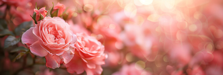 Obraz premium Close-up of vibrant pink roses with a dreamy bokeh background creating a serene and romantic atmosphere. Banner with copy space