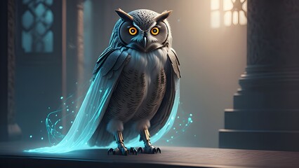 a mystical appearance like a robotic owl with glowing.