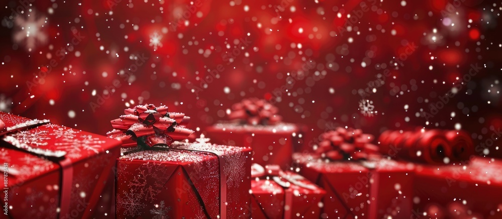 Poster Red background with snowflakes for Christmas presents 41 characters. with copy space image. Place for adding text or design