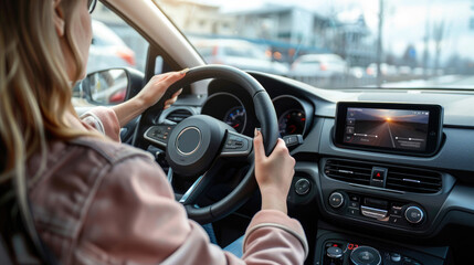 Cheerful Woman Operating Car Audio System for Road Trip Playlist