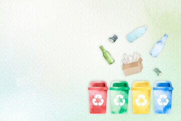 Png waste recycling bin background in watercolor illustration