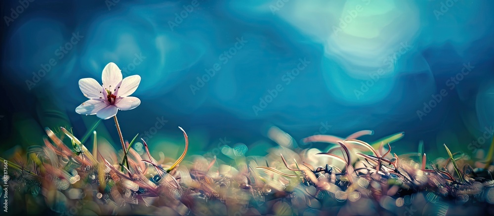 Leinwandbilder a small flower on grass with a nostalgic flair against a blue backdrop with focus on the flower and 