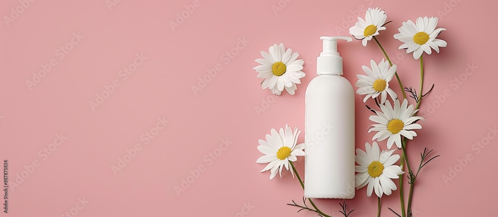 Aufkleber Chamomile flowers on a pink background beside a bottle of face or body cream in an image with copy space