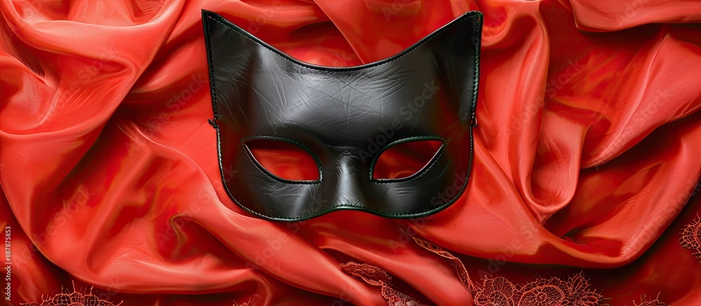 Poster a black leather cat mask displayed on a vibrant red silk backdrop with lace details ideal for masque