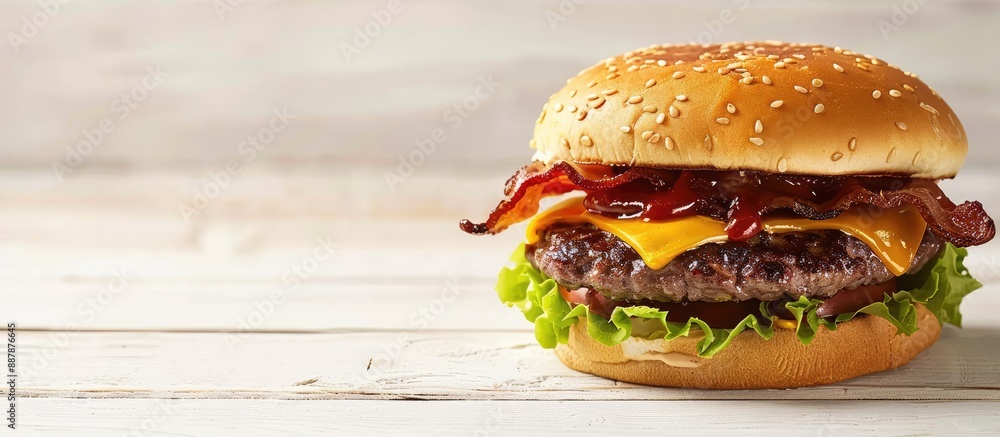 Leinwandbilder A tempting bacon burger on a blank white wood backdrop with space for text or imagery. with copy space image. Place for adding text or design