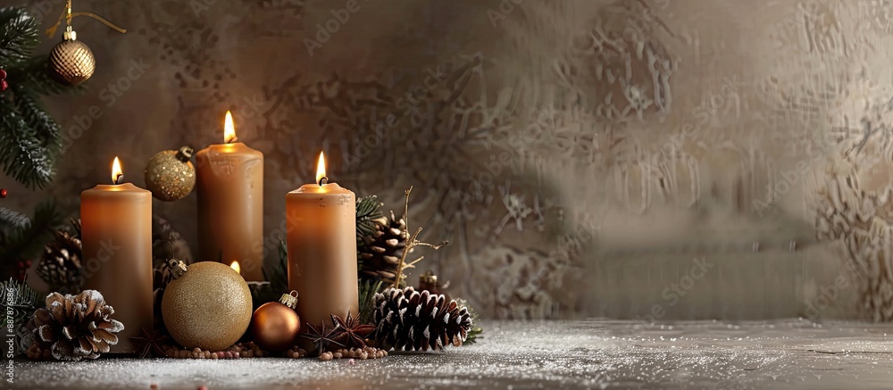 Poster christmas candles creating a lovely scene on a neutral gray backdrop with copy space image