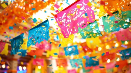 Fototapeta premium Papel picado banners and confetti 'Feliz 5 de Mayo' in vibrant festive colors backdrop