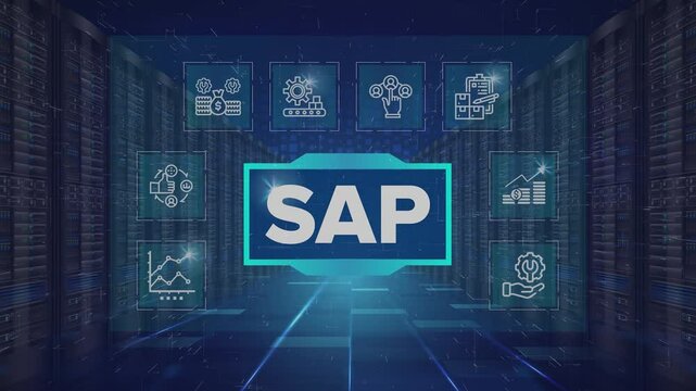 SAP Cloud Server System Software Automation - Enterprise Resource Planning (ERP) technology construction concept with hand video on virtual screen. Systems, Applications, Products, Data Processing.