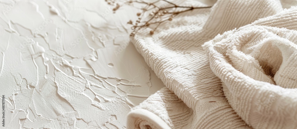 Aufkleber Fabric mockup with cream abstract cotton towel on a wale linen canvas background designed with a pattern for text decoration in a copy space image