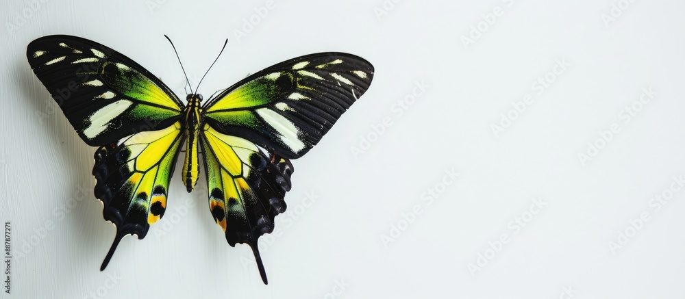 Poster butterfly in black yellow and green colors against a white backdrop with blank space for images. wit