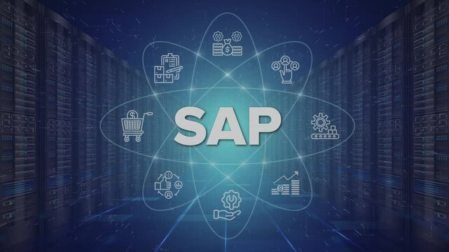 SAP Cloud Server System Software Automation - Enterprise Resource Planning (ERP) technology construction concept with hand video on virtual screen. Systems, Applications, Products, Data Processing.