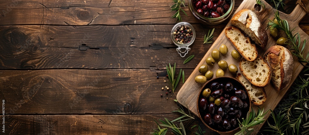 Poster Top view of a cutting board with Mediterranean olives and bread offering copy space for an image in the center