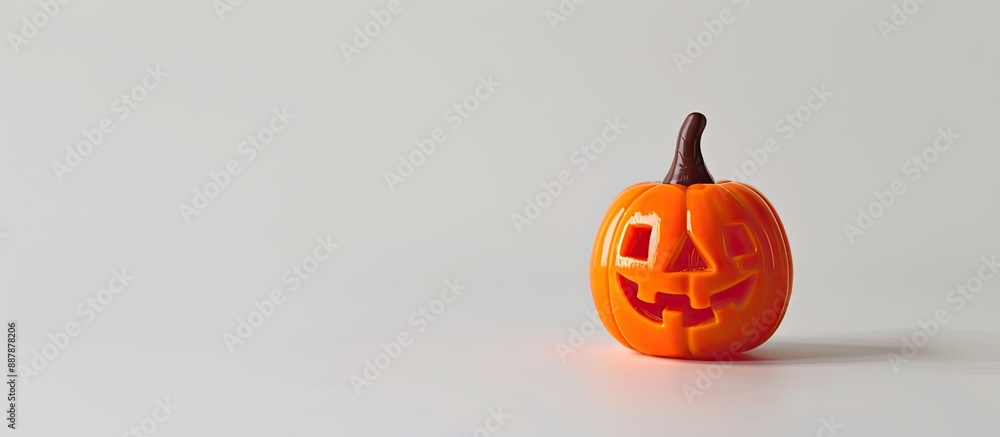 Poster celebrate halloween with an orange plastic pumpkin doll on a white background featuring a festive im