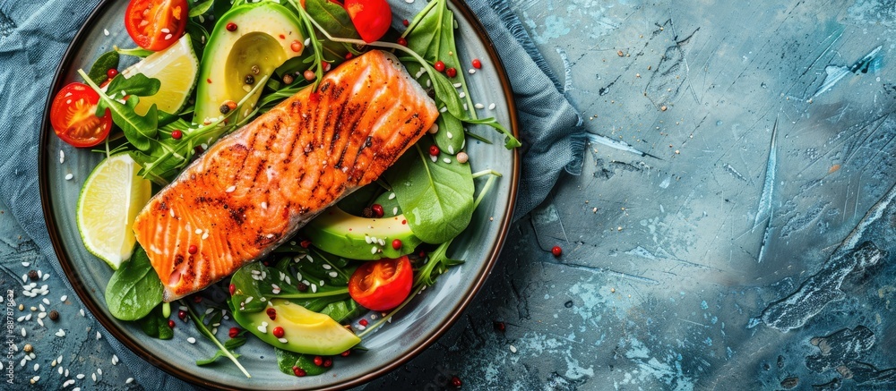 Leinwandbilder top down view of a balanced diet featuring grilled salmon steak vegetable salad with avocado on a ce