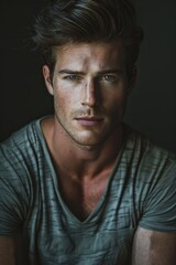 Obraz premium hyper realistic photograph of a handsome american man in a t-shirt looking directly at the camera. 
