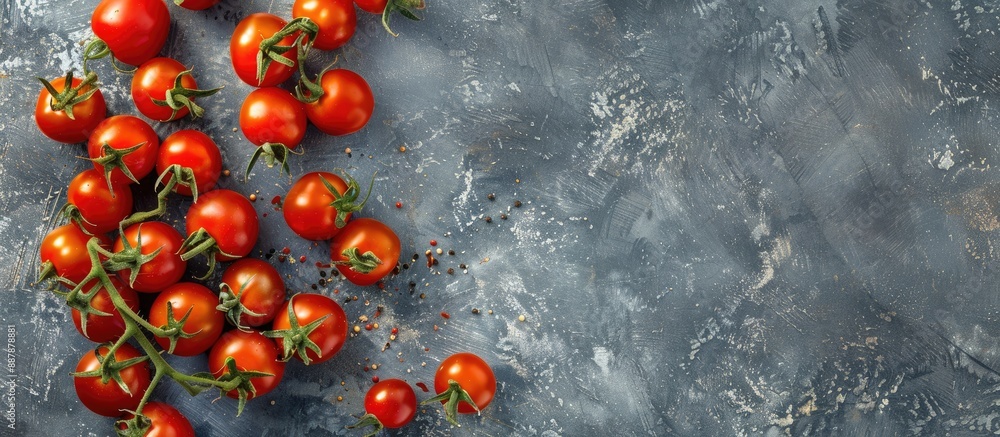 Aufkleber cherry and roma tomatoes displayed on a grey backdrop with copy space image