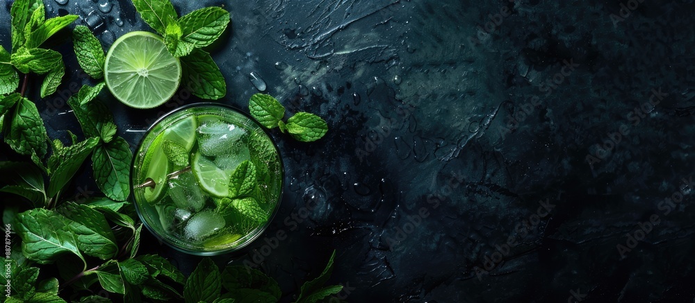 Fototapete A refreshing summer mint and lime drink on black background with space for text called Mojito cocktail. with copy space image. Place for adding text or design