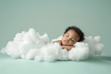 Cute Sleeping Afro Baby Sleeping On A White And Soft Cloud, Studio Photo, A Light Green Background, Baby Floating On A Cloud