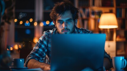 Fototapeta premium Man Working Late at Night on Laptop: night