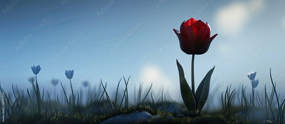 Aufkleber A single deep hued tulip blossoming in a domestic garden set against a background of the sky. with copy space image. Place for adding text or design