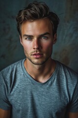 Fototapeta premium hyper realistic photograph of a handsome american man in a t-shirt looking directly at the camera.