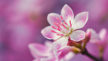 Obraz premium High-resolution close-up of a delicate pink and white flower with vibrant petals and stamen against a soft, blurred pink background, macro photography, nature floral beauty 