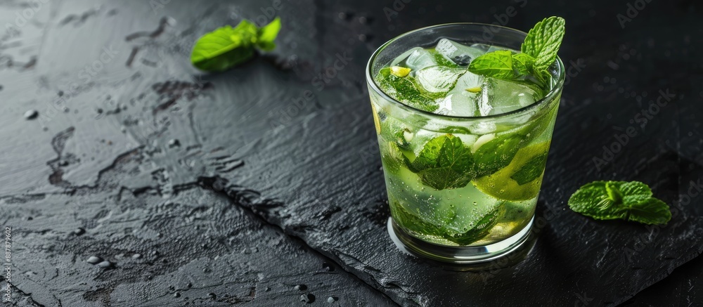 Poster a mojito cocktail set on a dark stone surface ideal for displaying your text with available copy spa